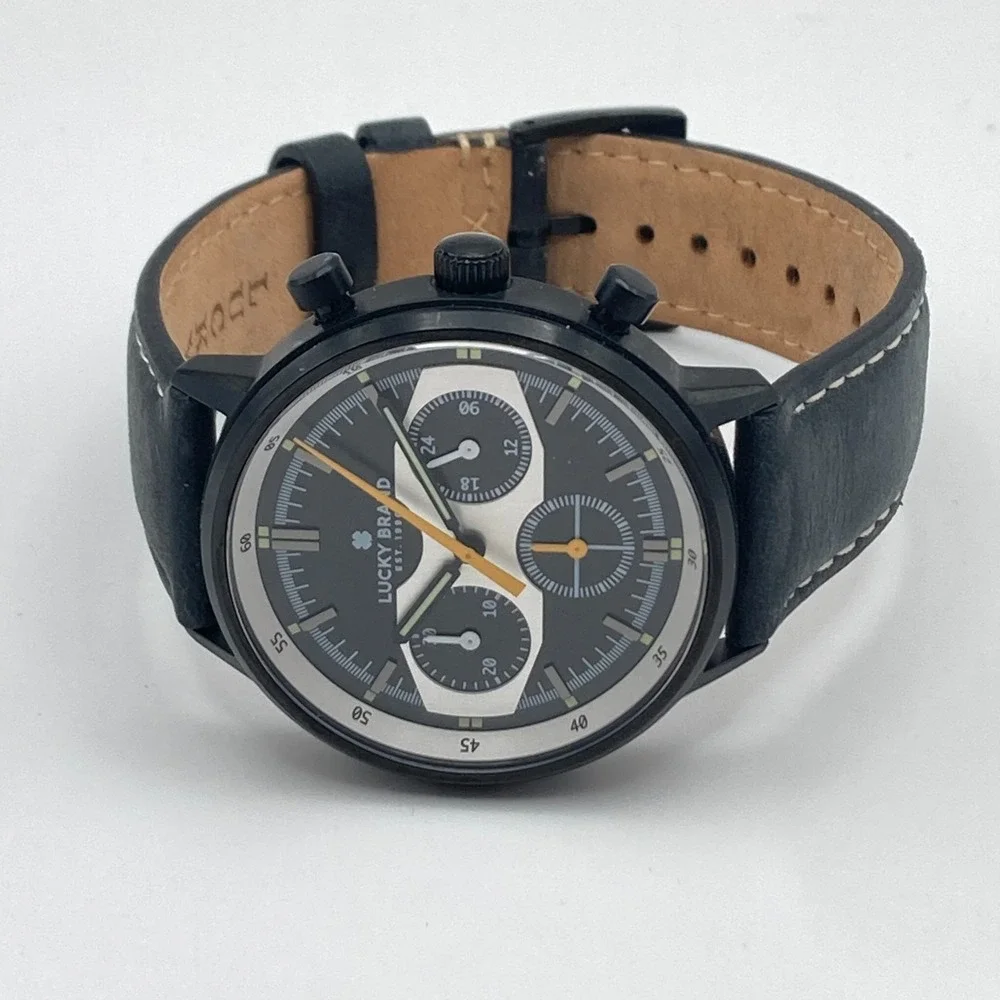 Lucky Brand Mens Watch Chronograph 35mm Black Orange Leather 50M New Battery 9